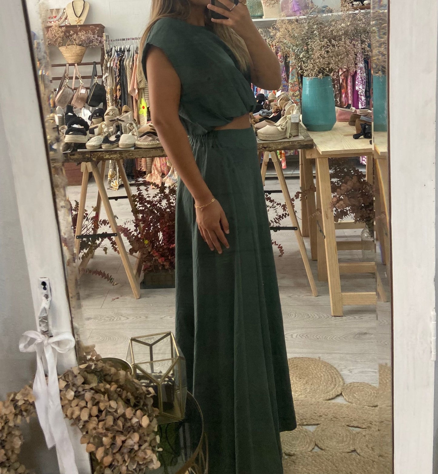 Conjunto túnica e saia caqui