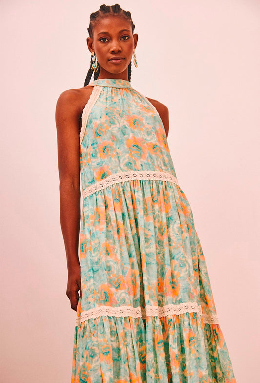 Vestido comprido estampado manchado turquesa e laranja com renda e laço nas costas NI.Natai