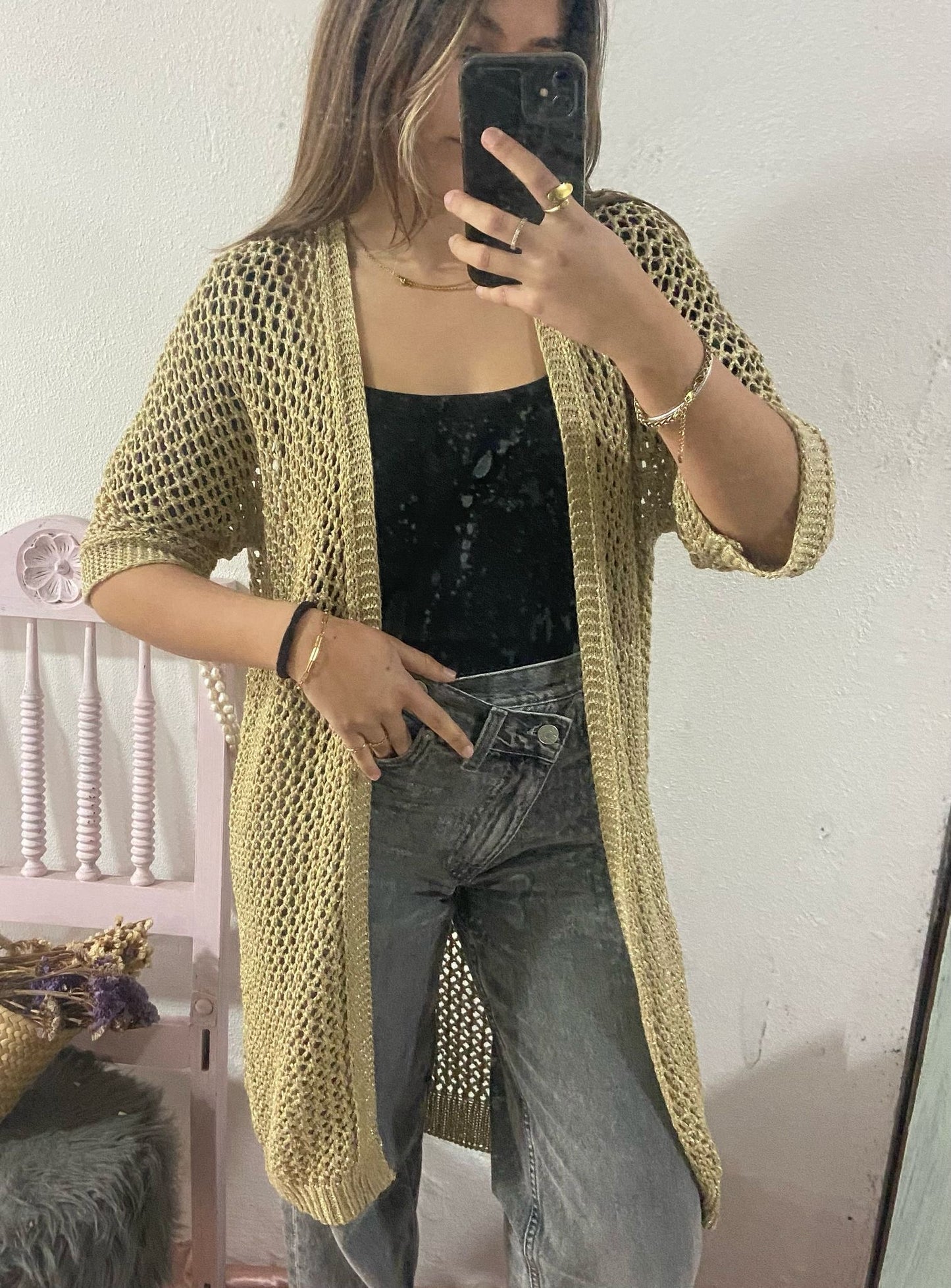 Kimono dourado lurex em crochê malha aberta