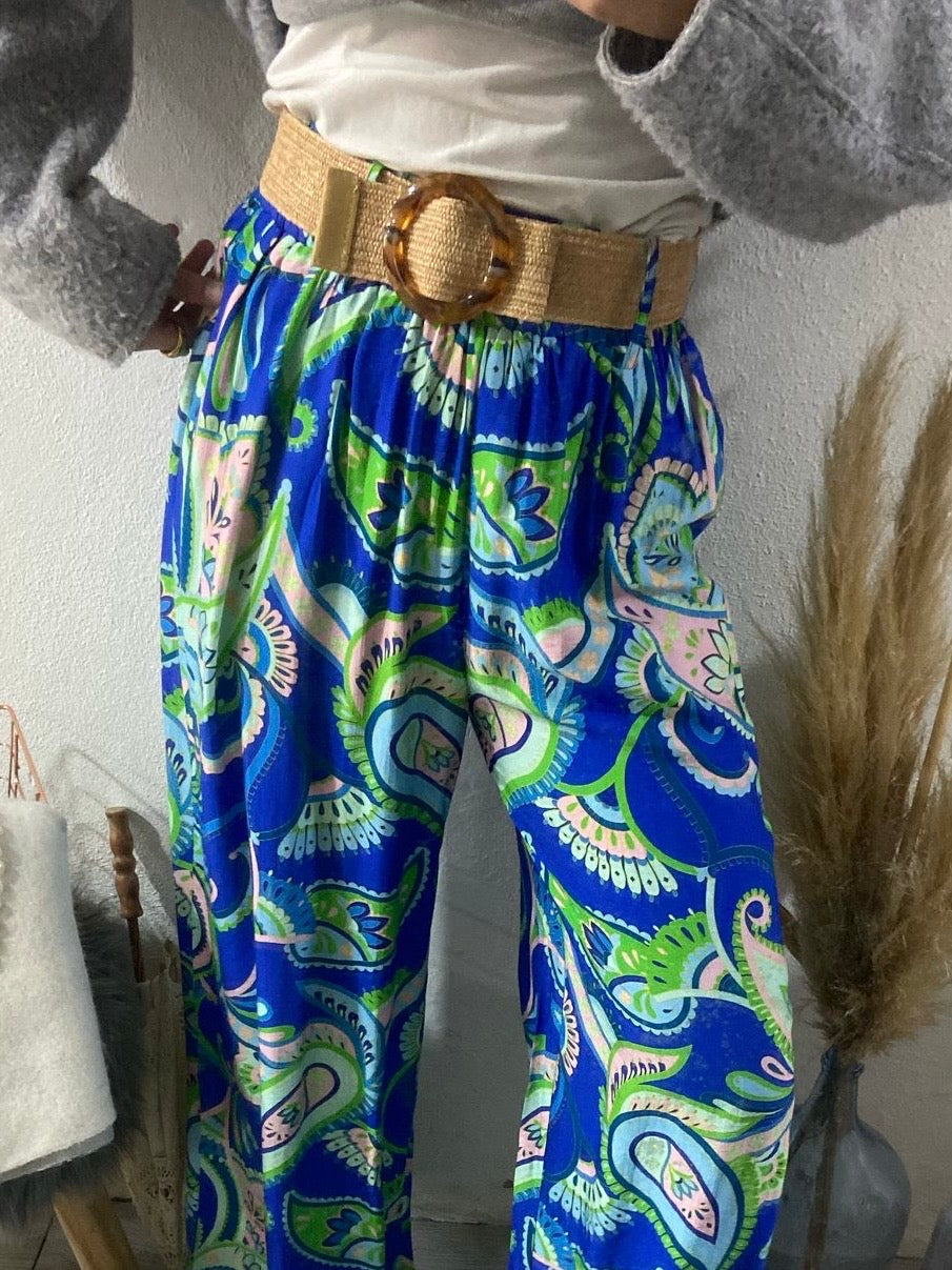 Pantalonas azulão estampado paisley colorido com cinto