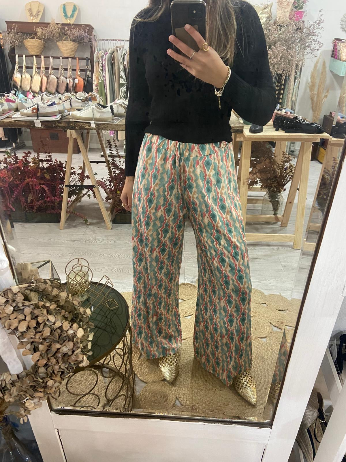 Pantalonas estampado verde/camel/preto