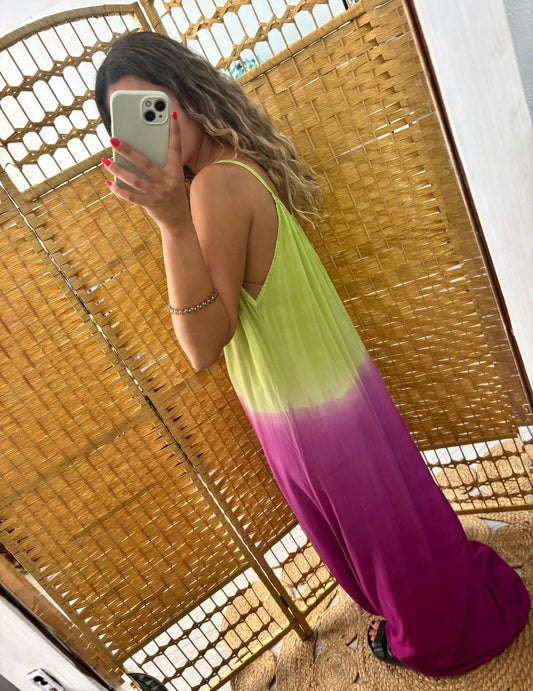 Vestido tie dye lima e beringela