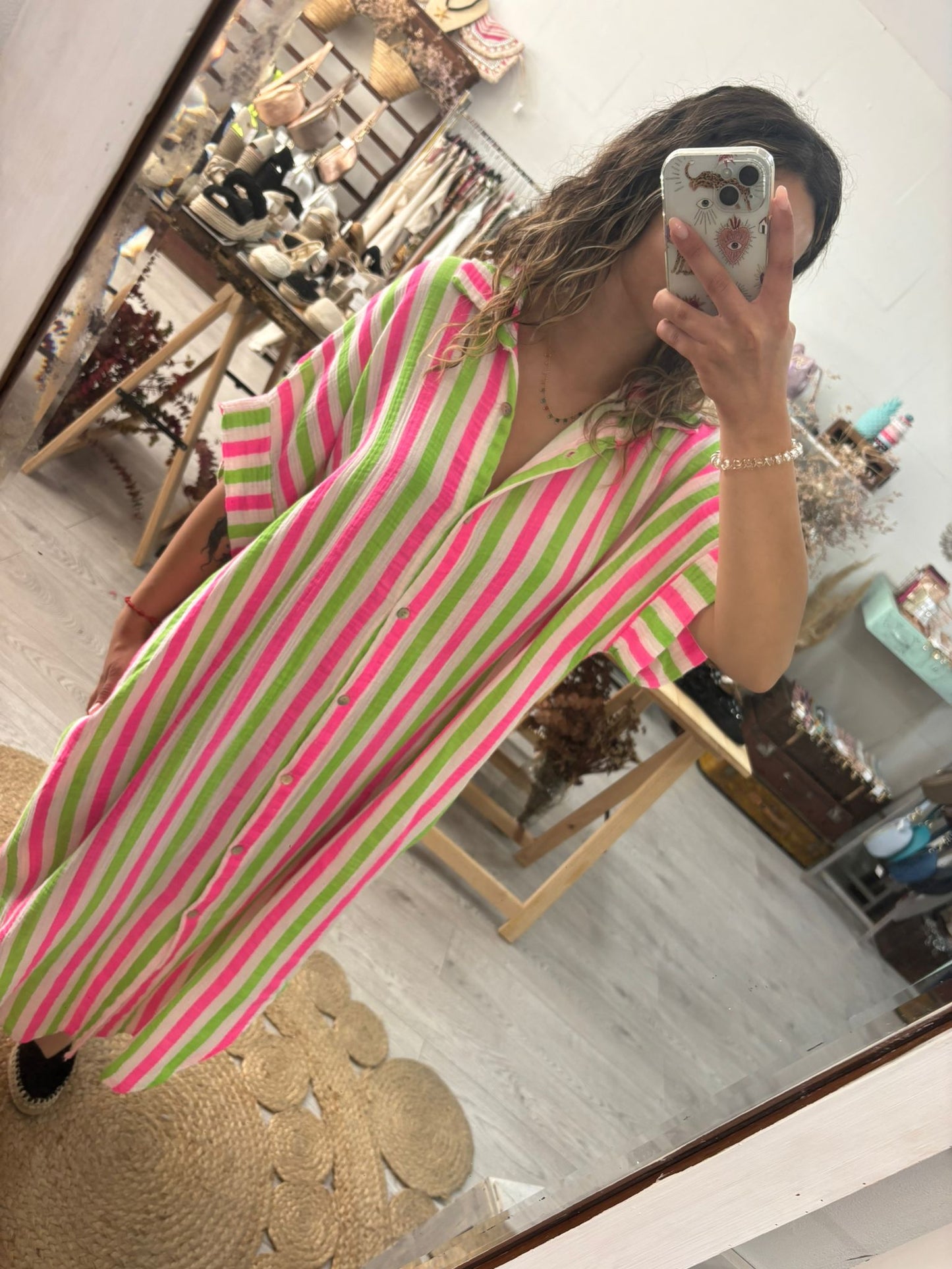 Vestido/Kaftan riscas verde/rosa