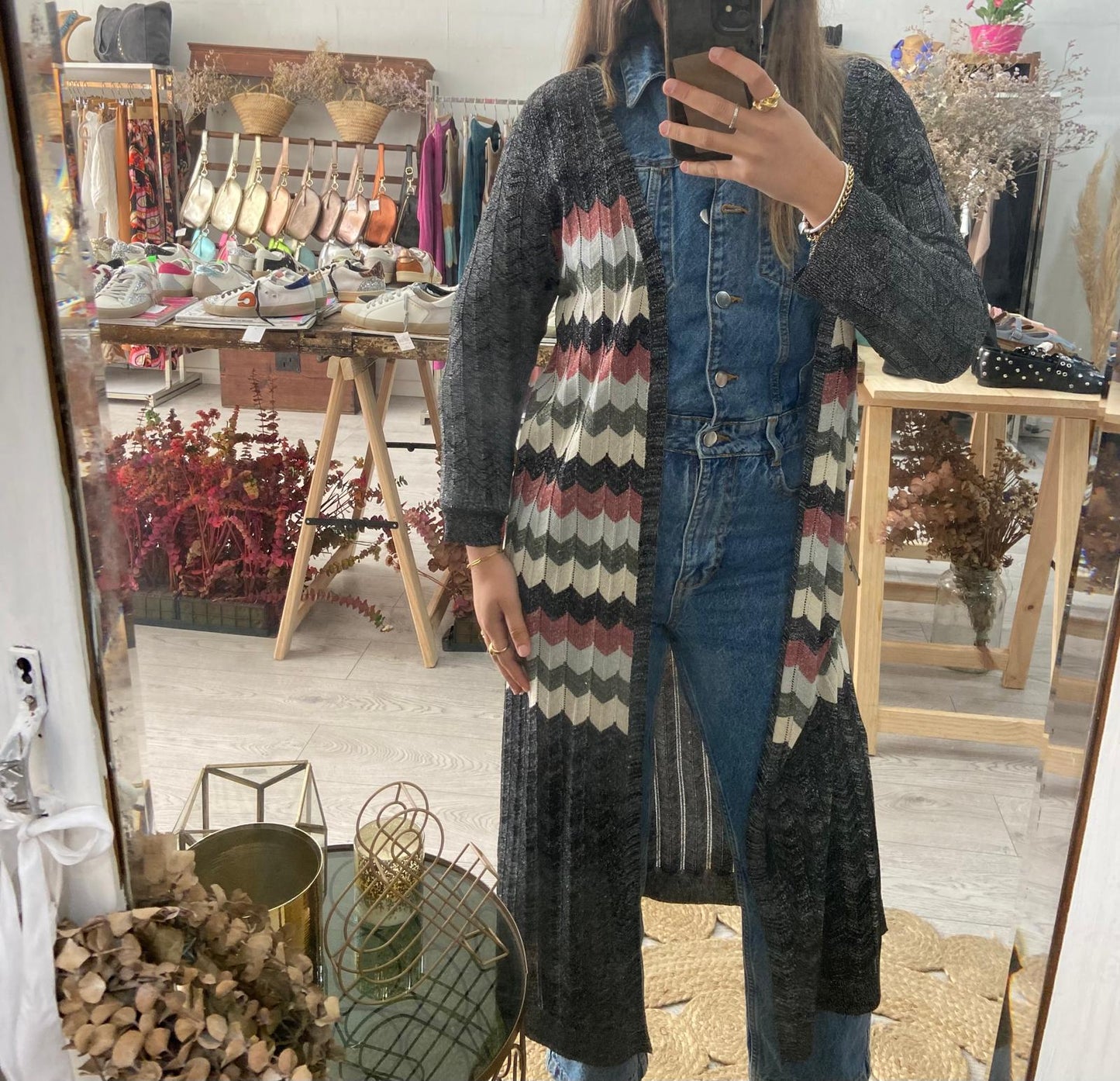 Kimono midi preto ziz zag tricolor lurex