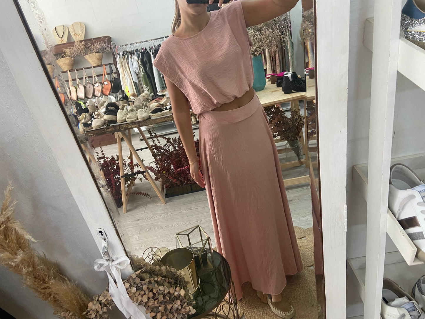Conjunto túnica e saia caqui