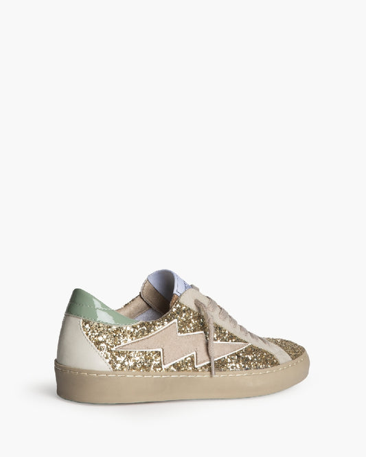 Sapatilhas Glitter dourado com raio Beje e verde atrás