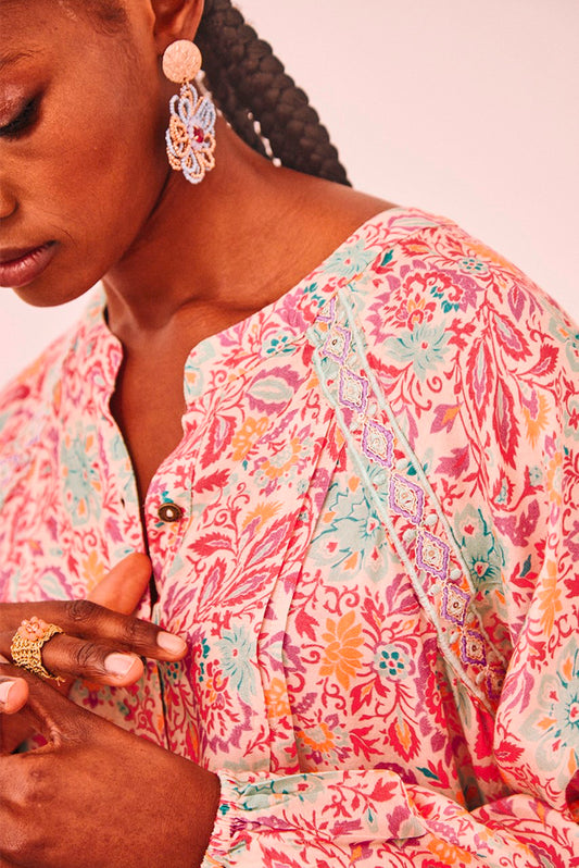 Túnica flores coloridas rosa e turquesa GF.Matcha