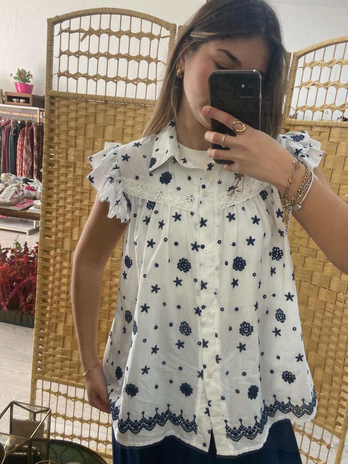 Camisa de manga corta bordada azul