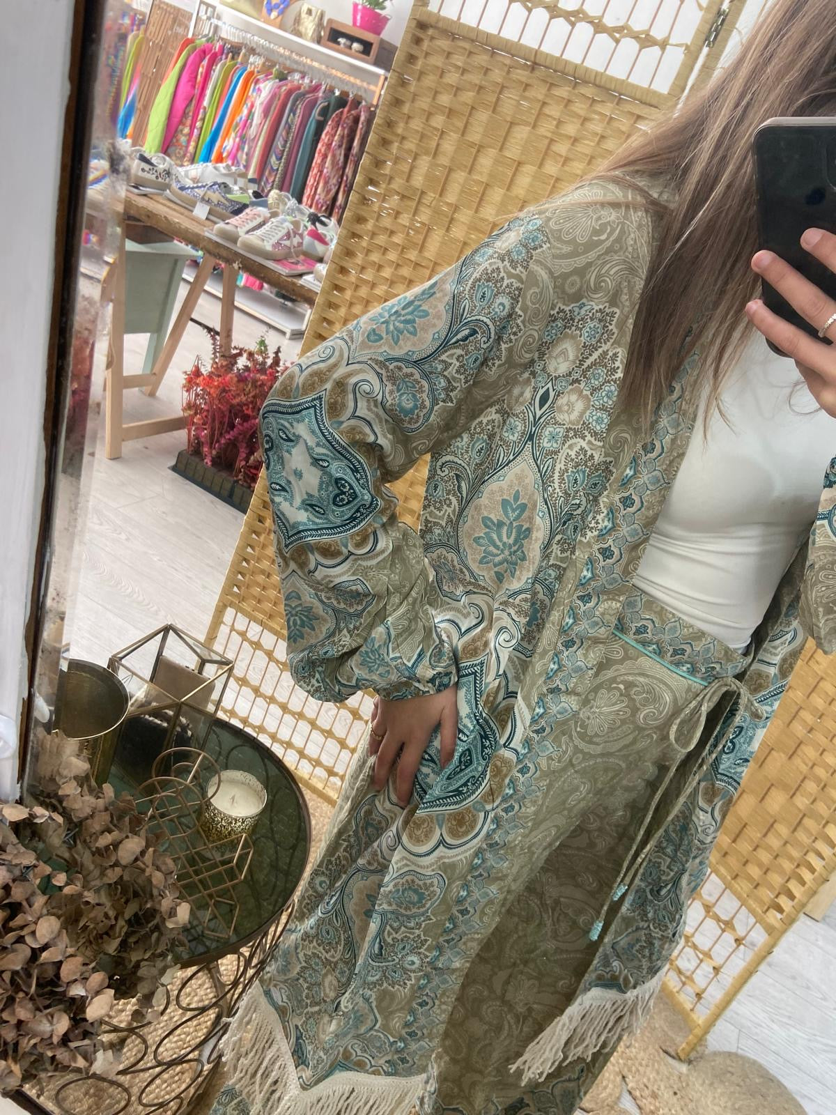 Kimono estampado verde con flecos GF.lasha