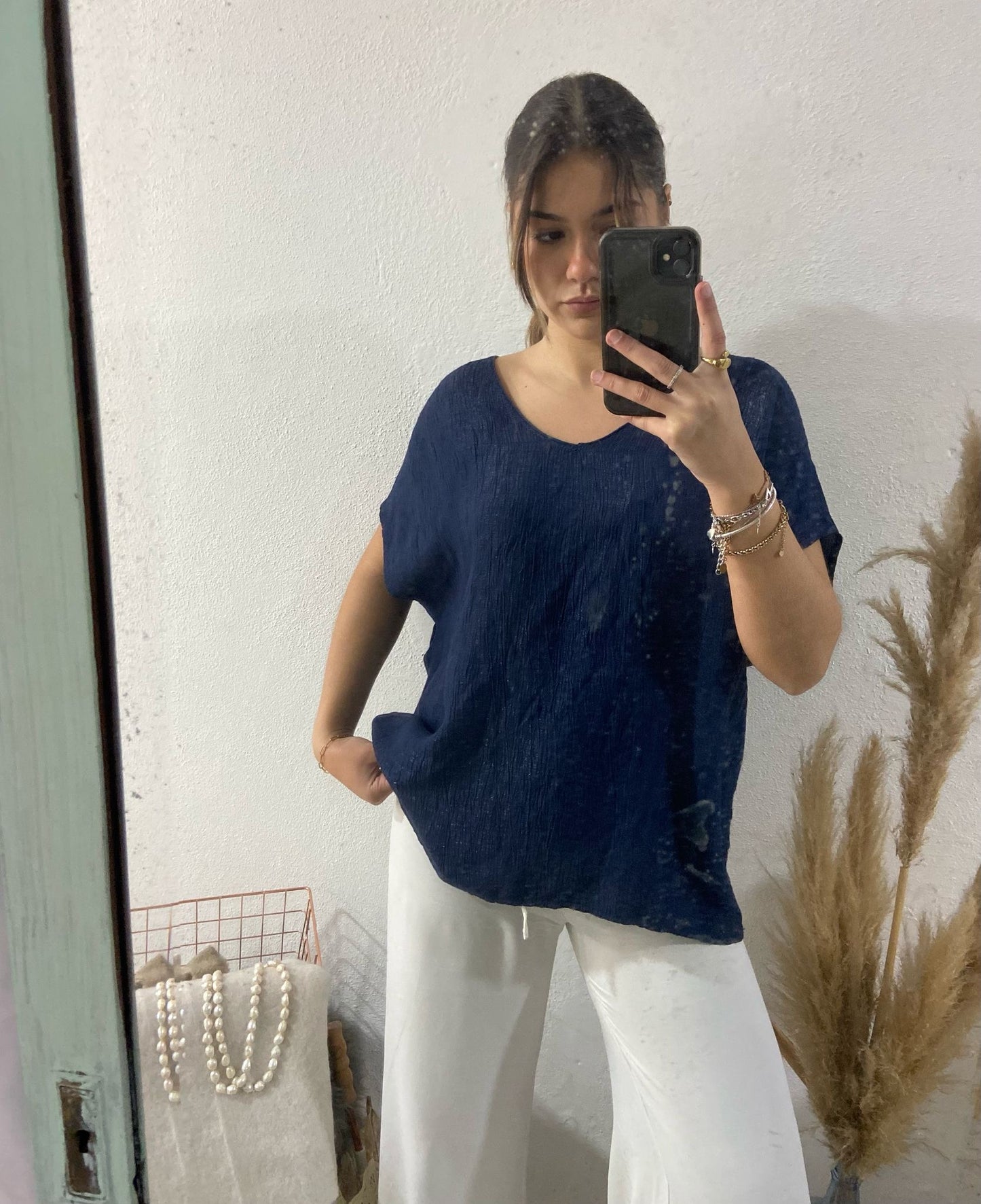 Túnica azul tecido enrugado lurex