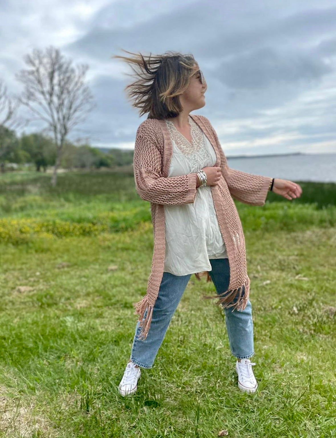 Old pink crochet coat with fringes TS.ramen