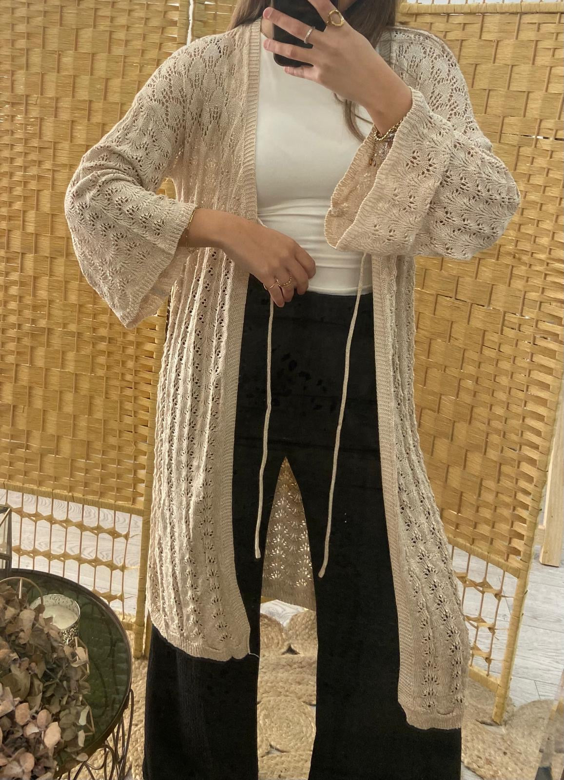 Beige lurex midi crochet kimono with TS.Bengala tie