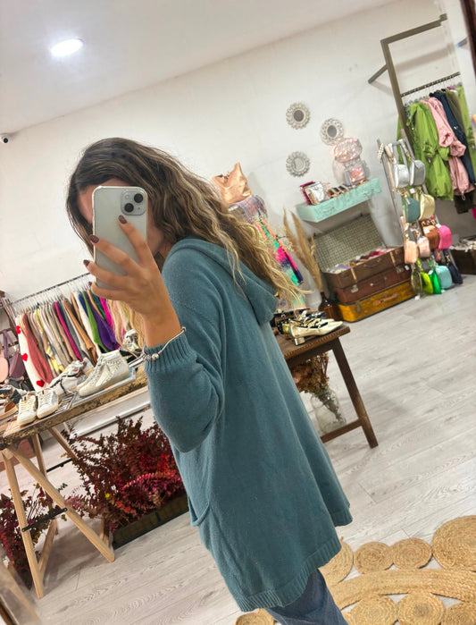 Casaco azul lurex capucho e bolsos