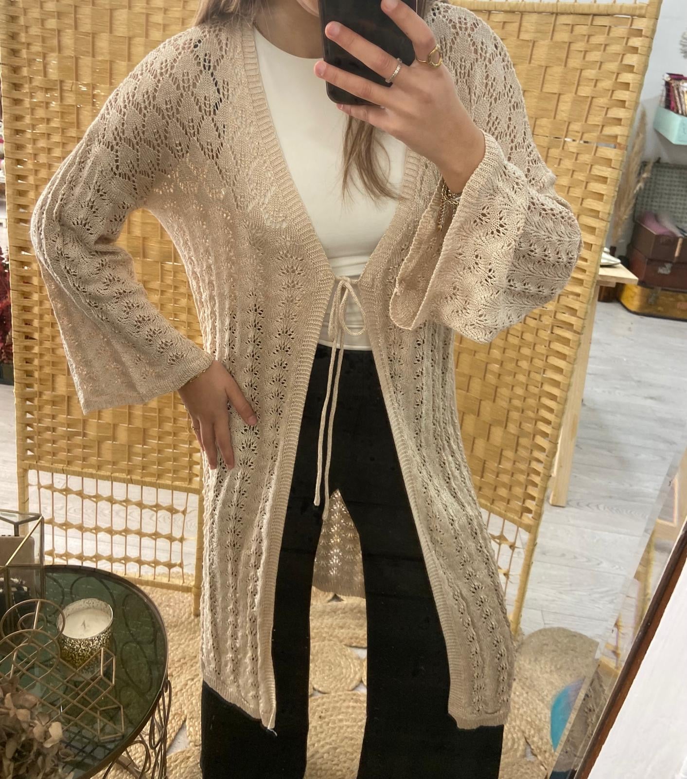 Beige lurex midi crochet kimono with TS.Bengala tie