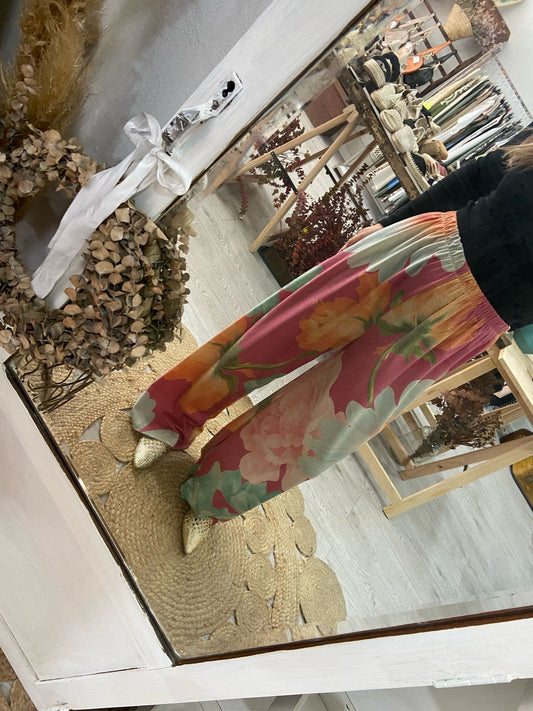 Calças rosa flores coloridas lurex