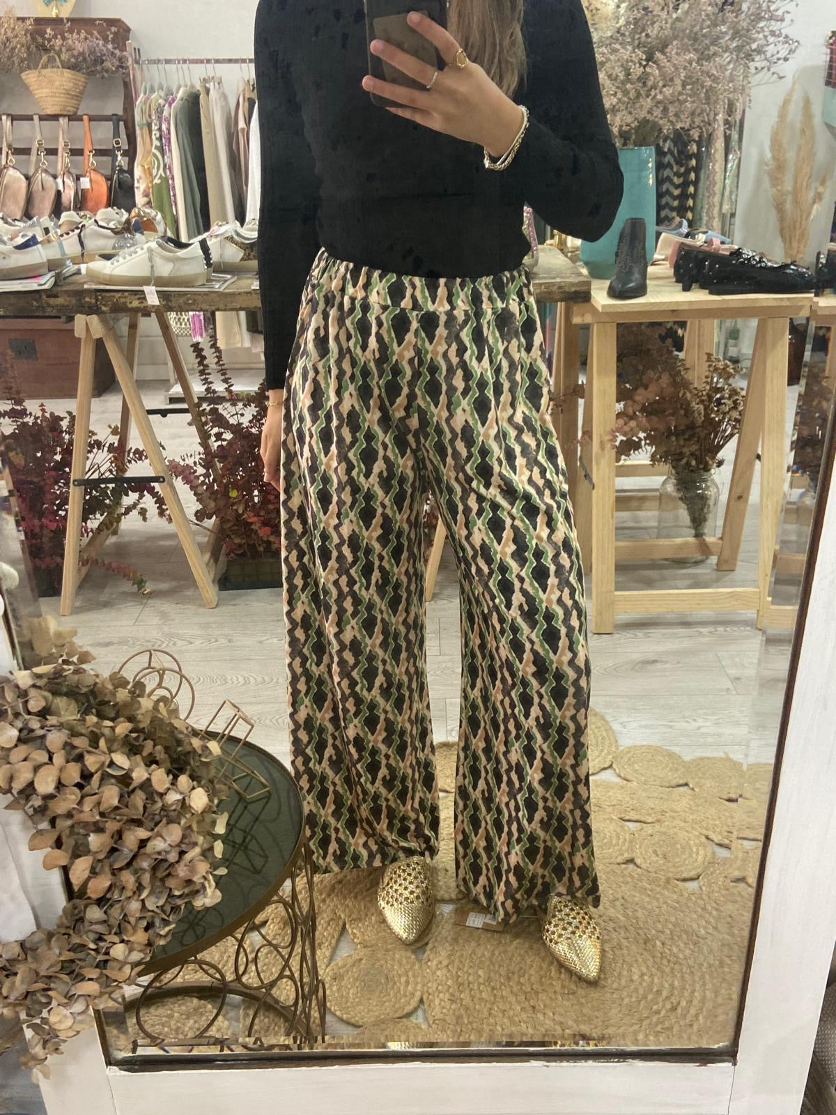 Pantalonas estampado verde/camel/preto