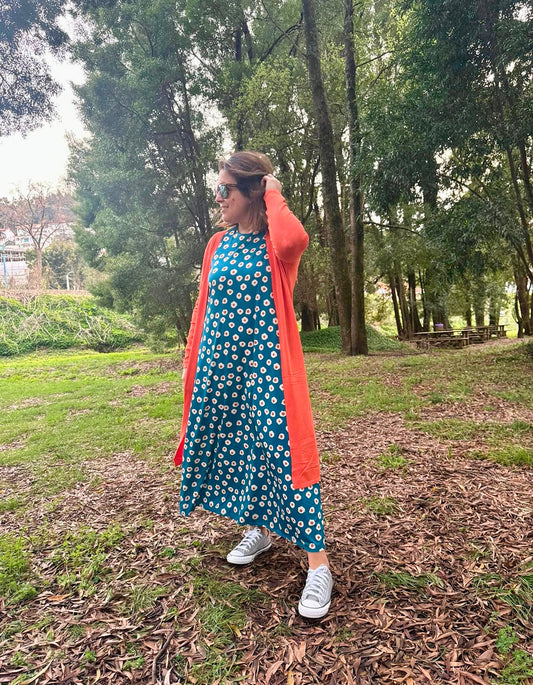 Blue dress with raw and mustard polka dots