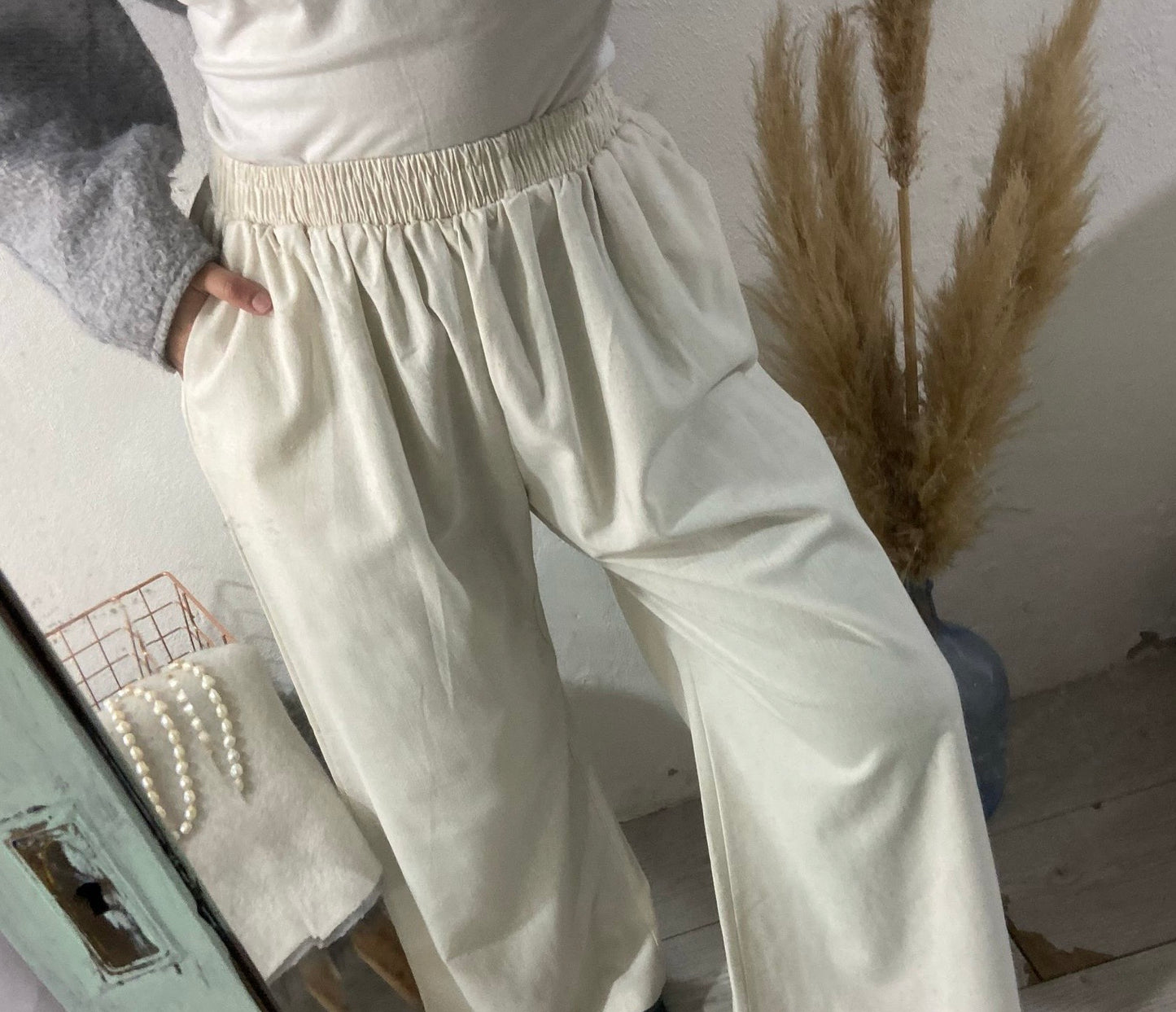 Pantalonas bege algodão com bolsos