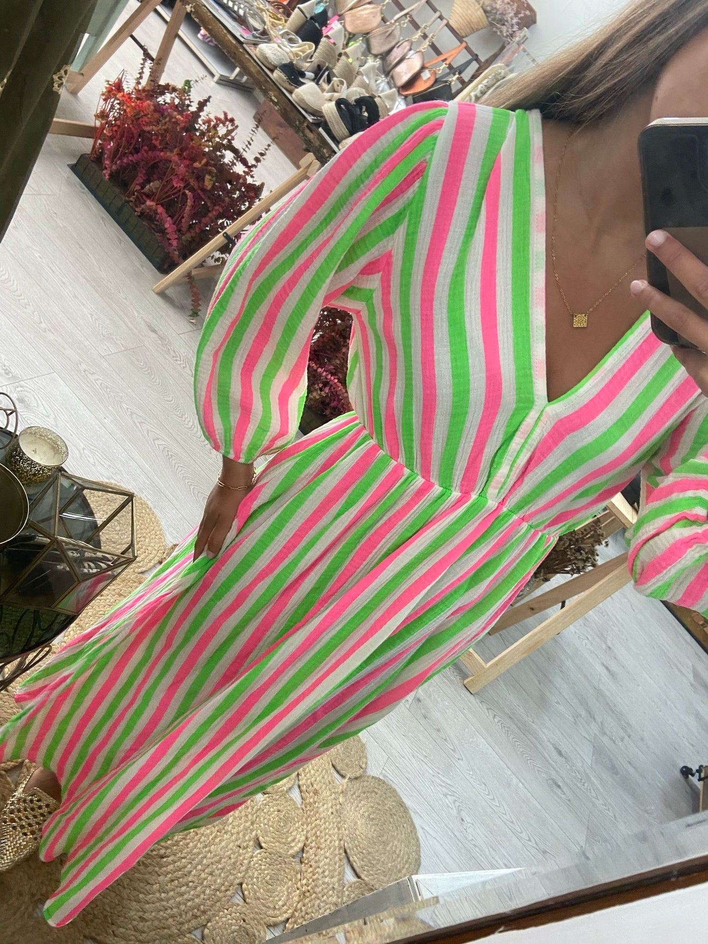 Vestido algodão riscas verde/rosa