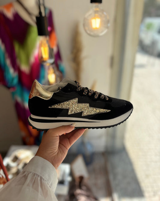 Sapatilhas pretas dourado raio glitter dourado