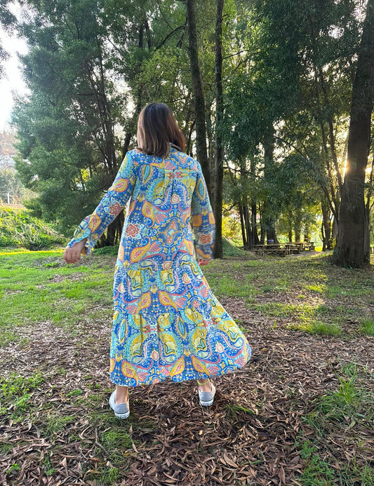 Vestido cornucópias azul|amarelo