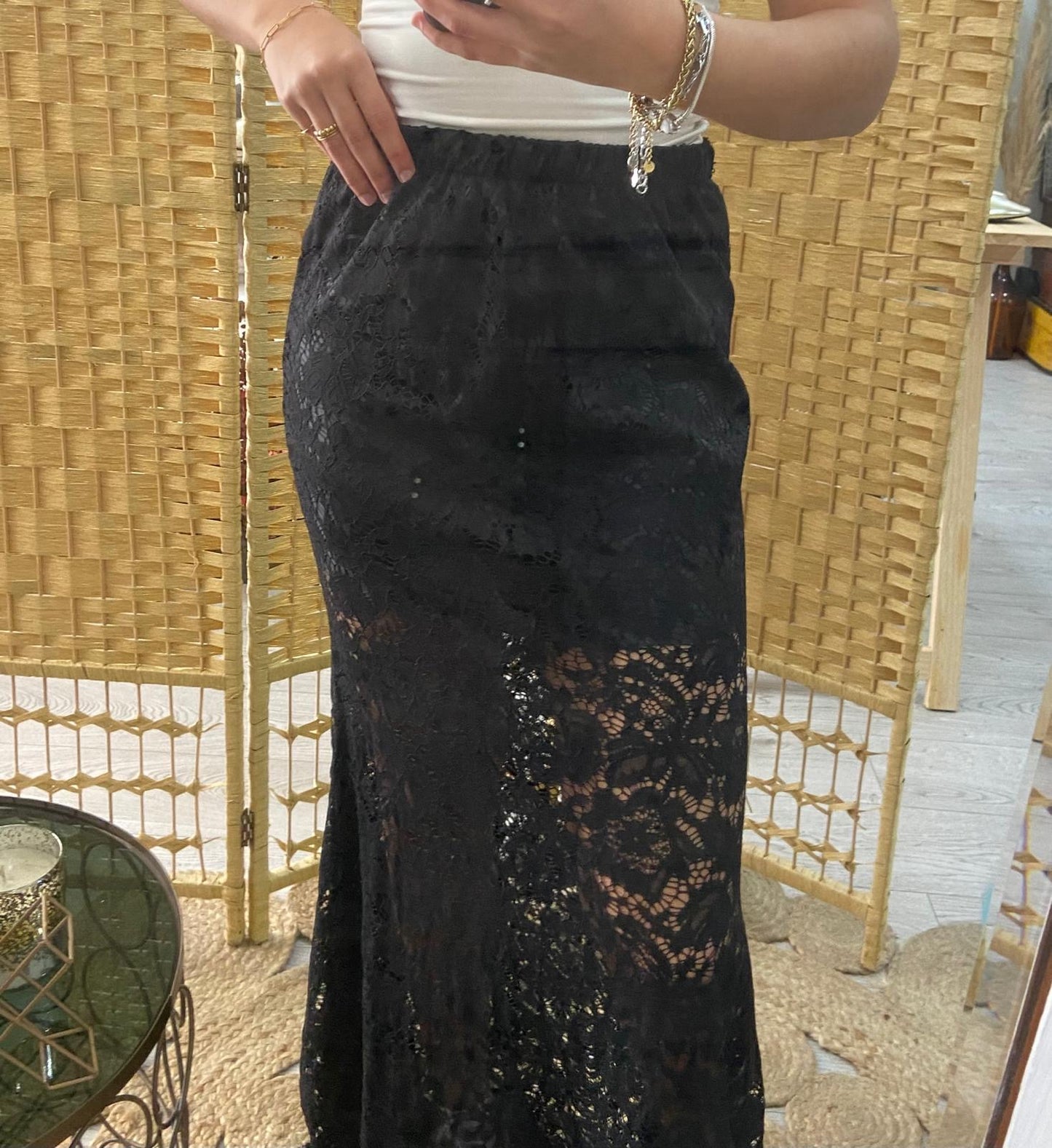 Black lace midi skirt