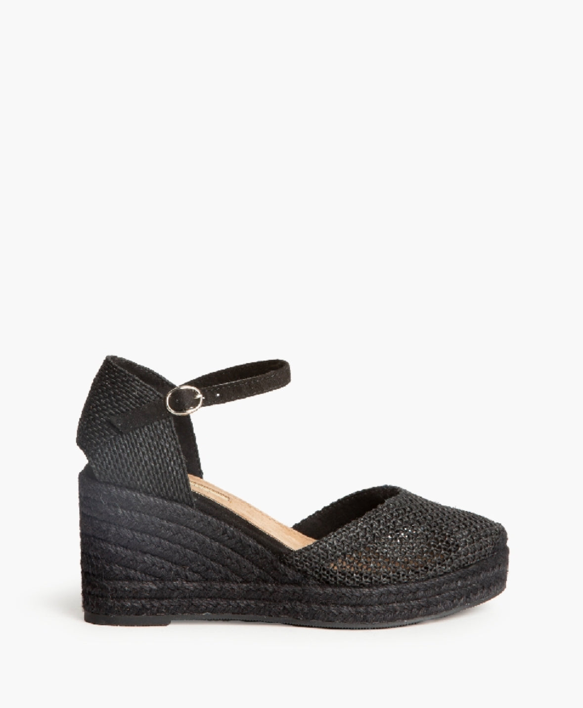 Sandálias de cunha tricô pretas com fivela