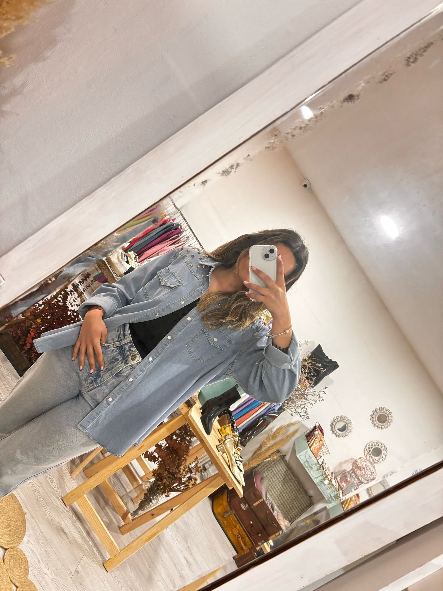 Denim shirt with shoulder appliqués