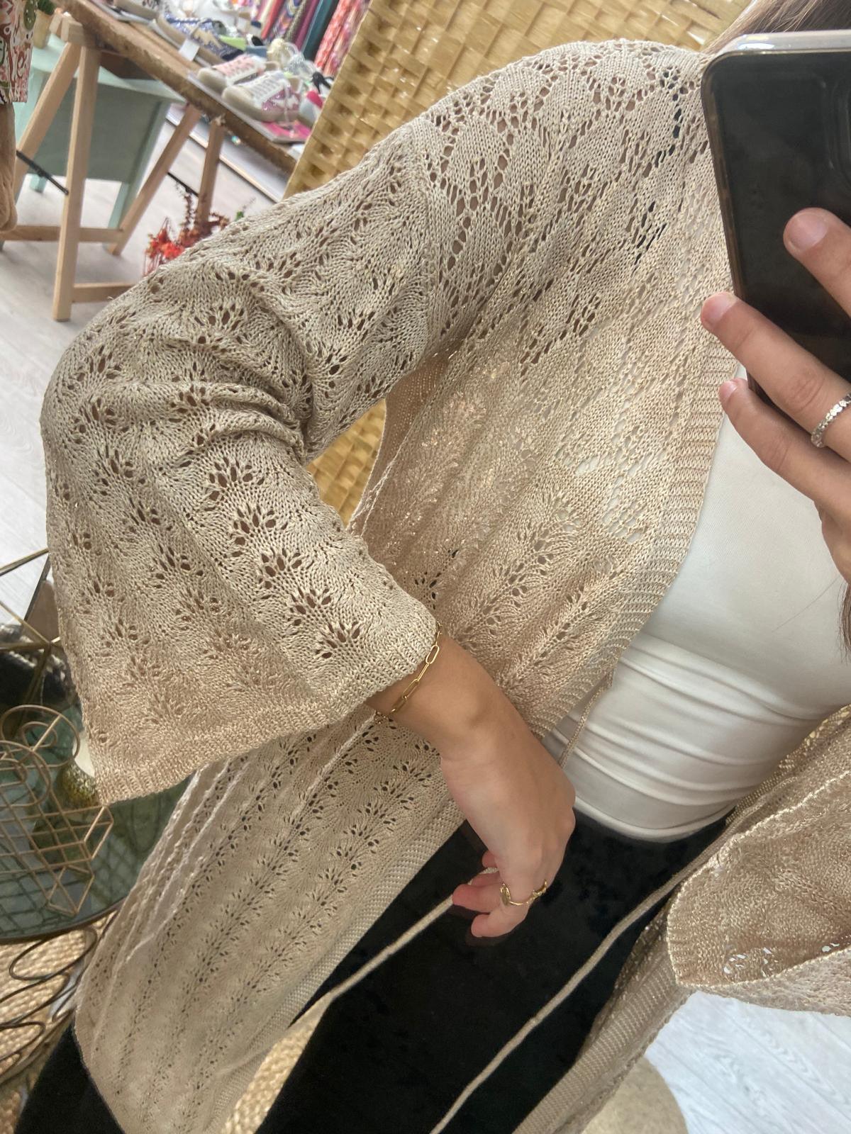 Beige lurex midi crochet kimono with TS.Bengala tie