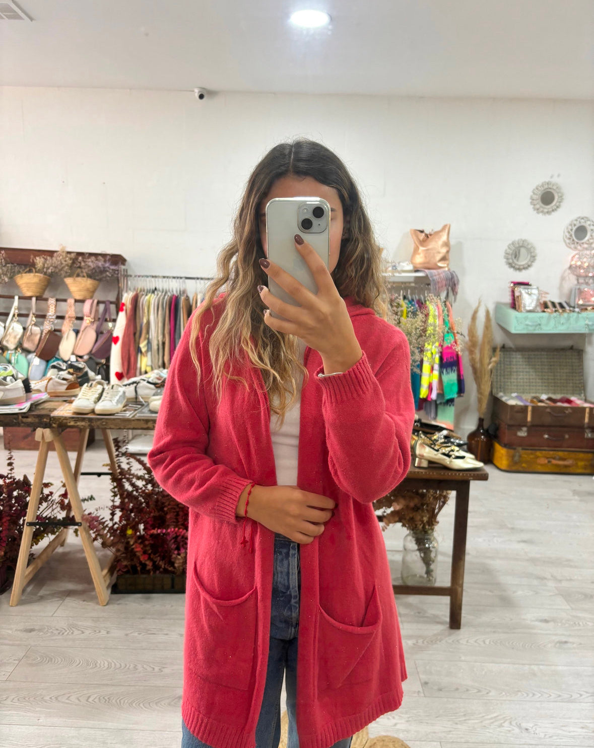 Casaco azul lurex capucho e bolsos