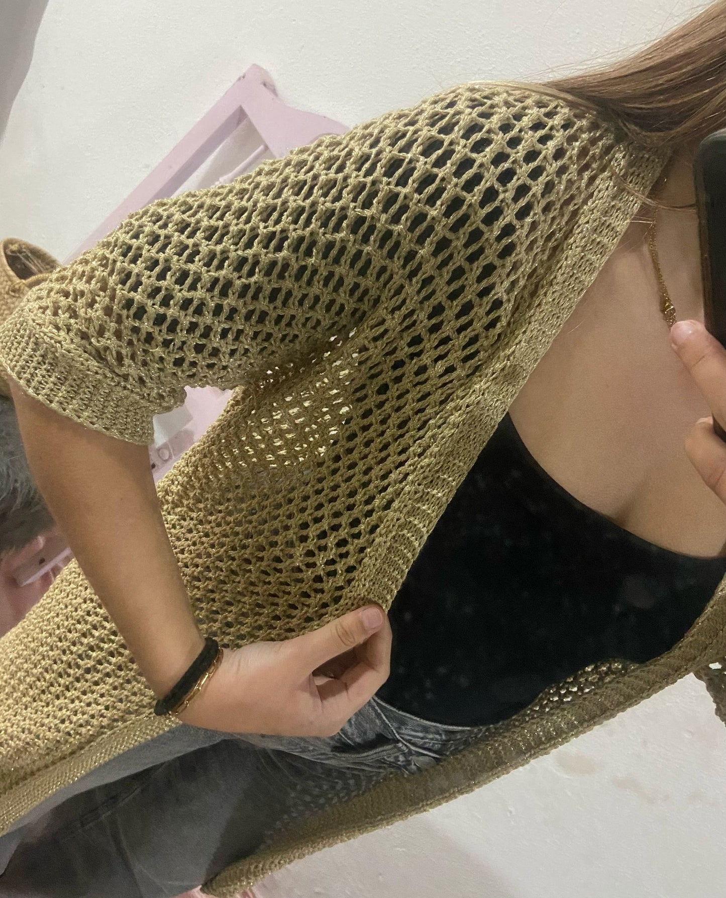Kimono dourado lurex em crochê malha aberta
