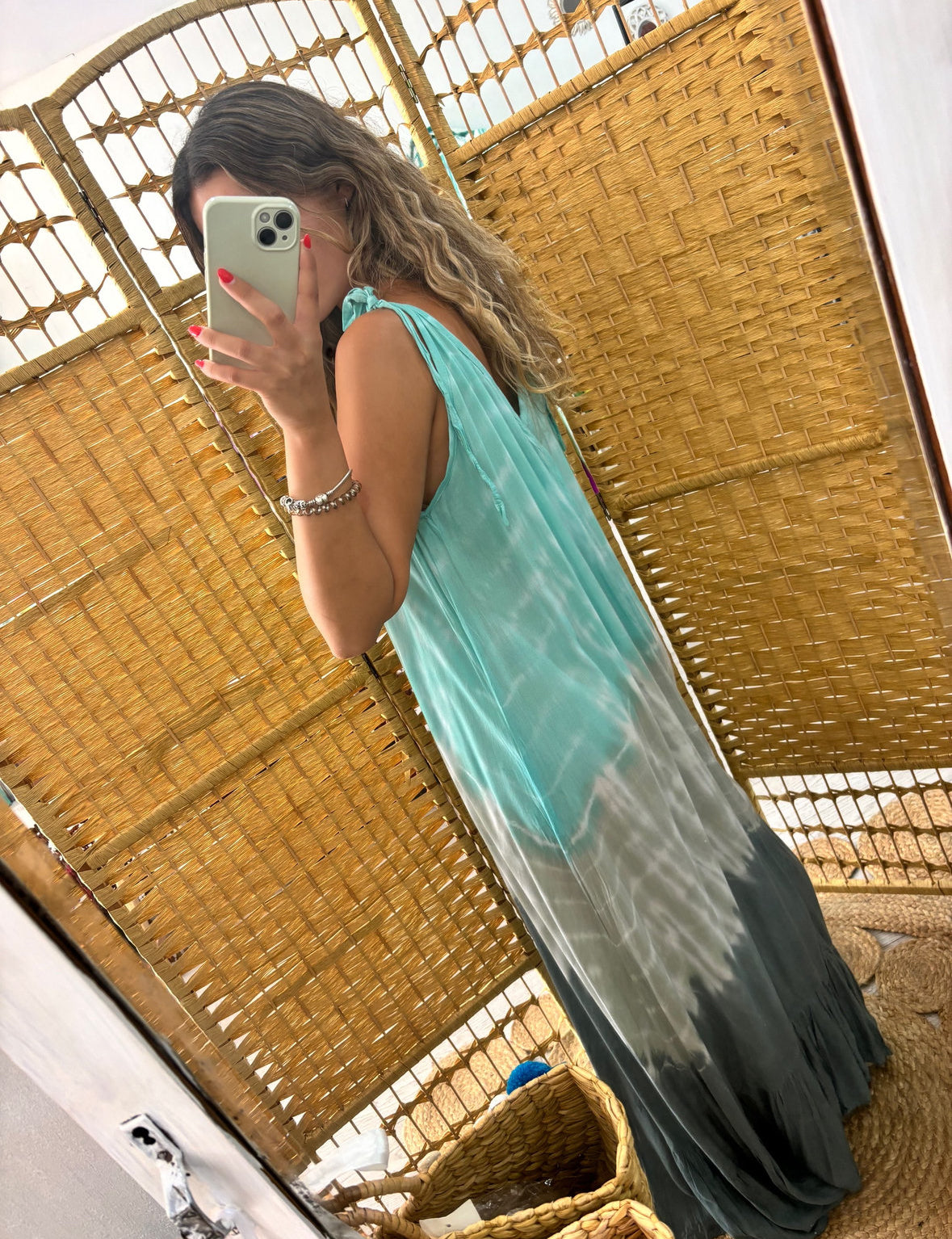 Vestido tie dye bege/camel/ turquesa alça ajustável