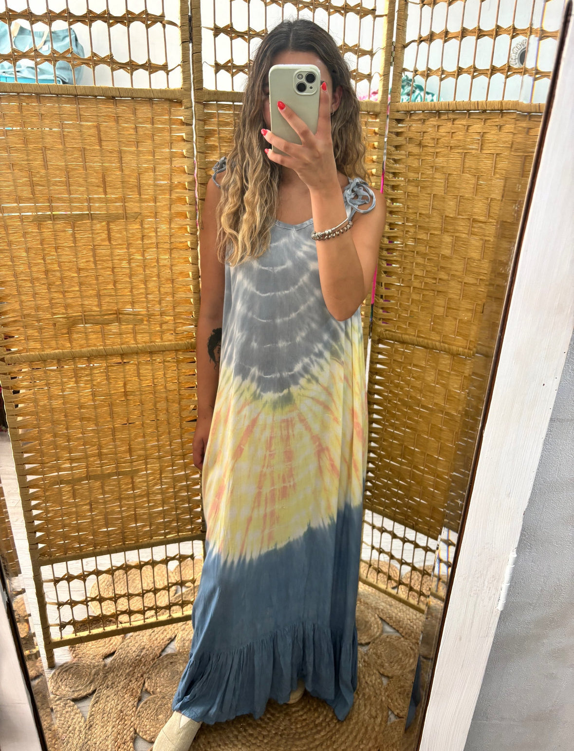 Vestido tie dye bege/camel/ turquesa alça ajustável