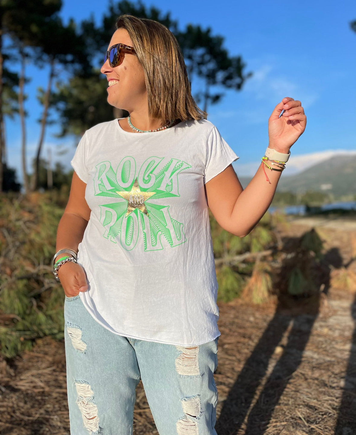 Tshirt Rock & Roll rosa dourado