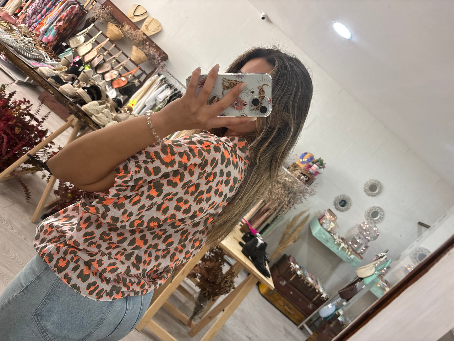 Túnica animal print laranja/caqui com nó