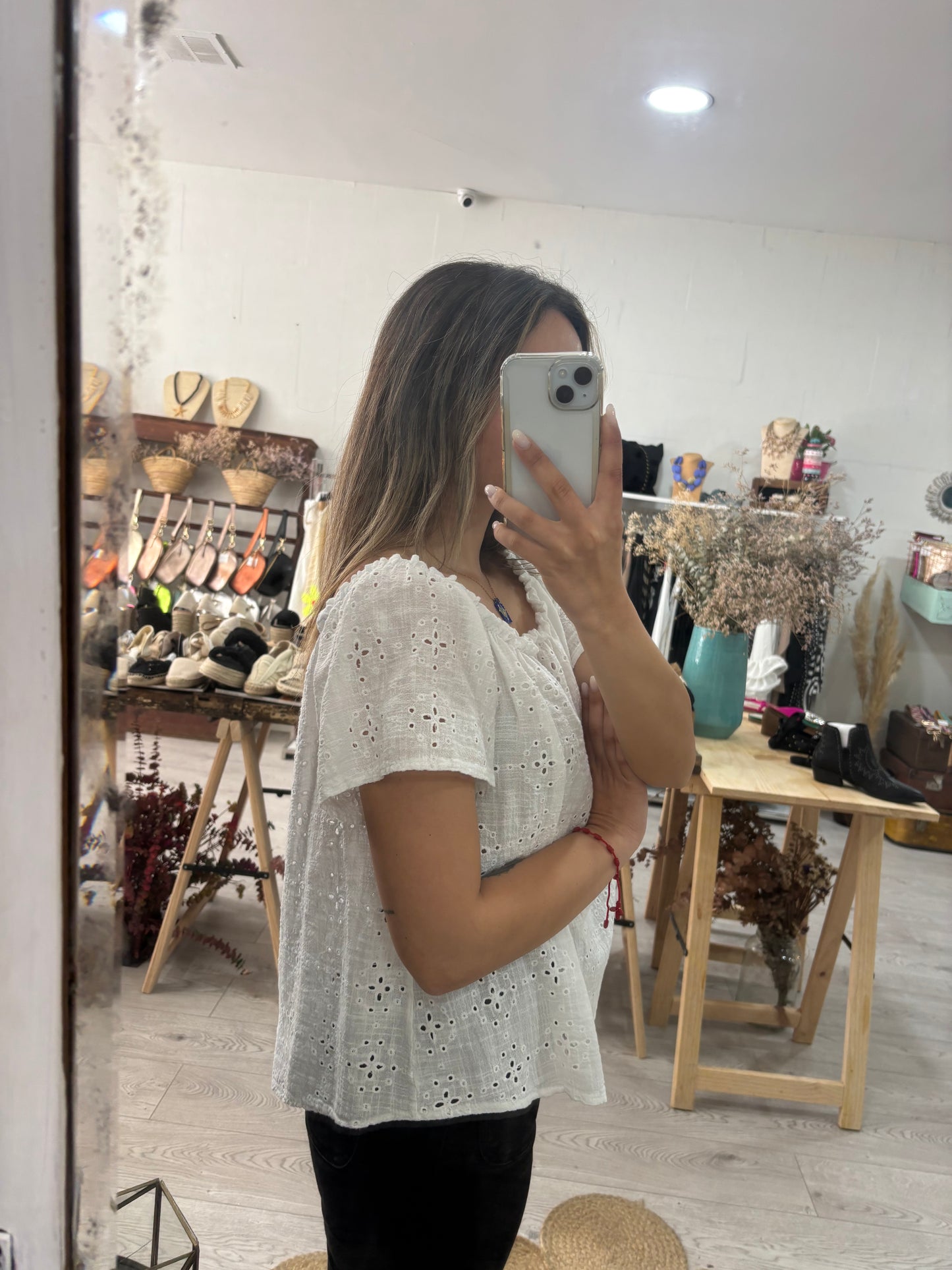 Túnica evasé bordado inglês elástico nos ombros