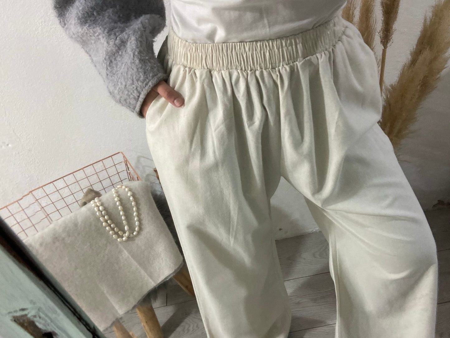 Pantalonas bege algodão com bolsos