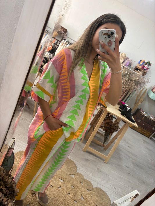 Conjunto estampado geométrico rosa/laranja/verde