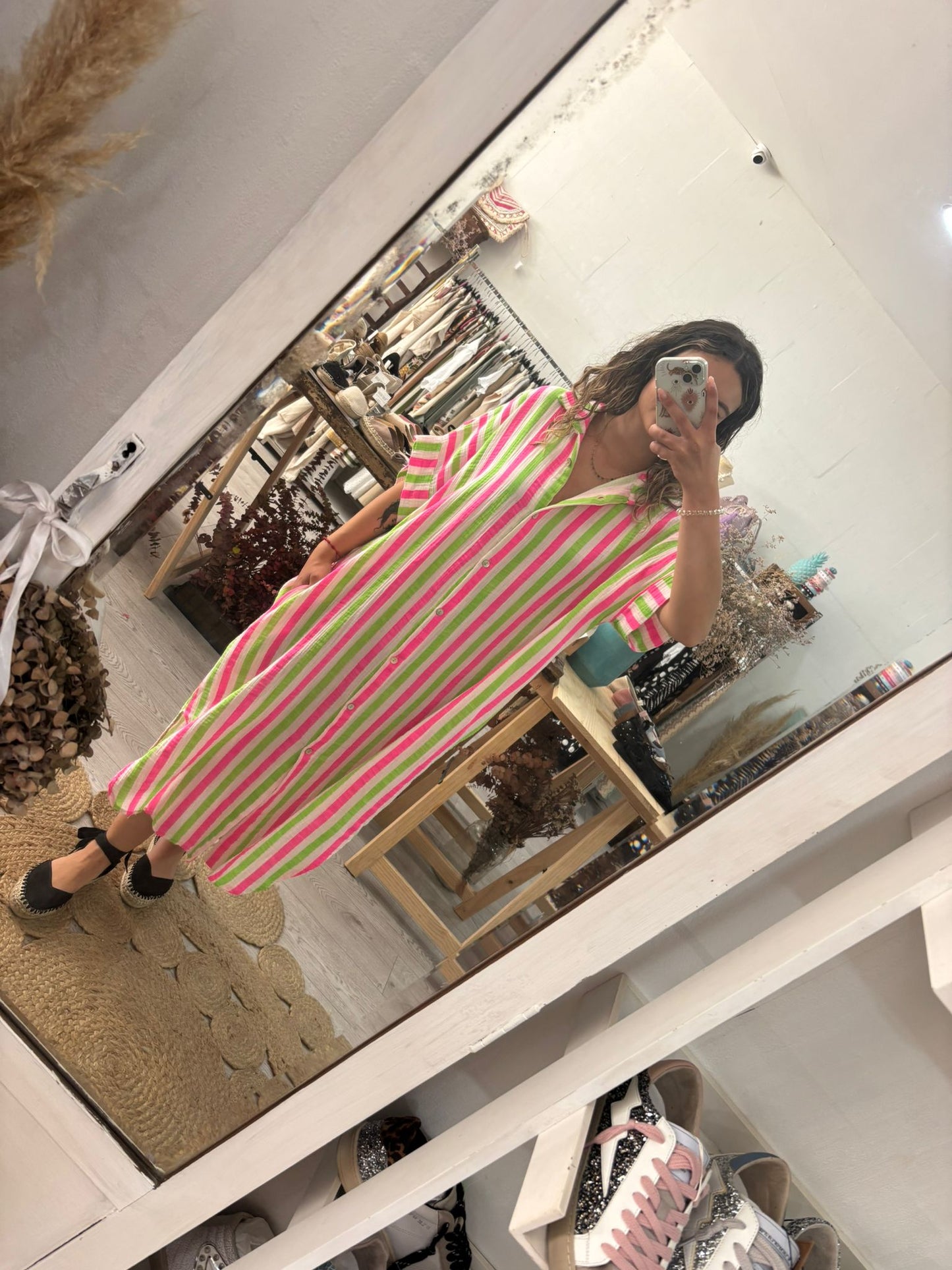 Vestido/Kaftan riscas verde/rosa