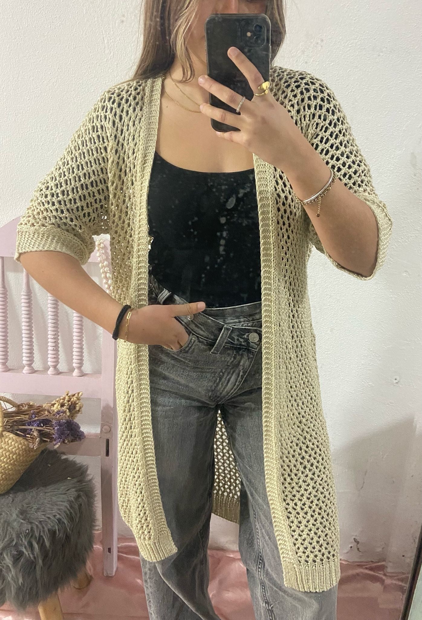 Kimono dourado lurex em crochê malha aberta