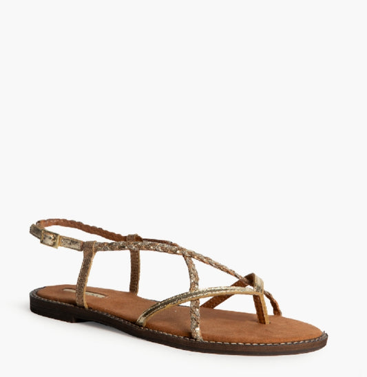 Sandálias rasas camel tiras trança douradas