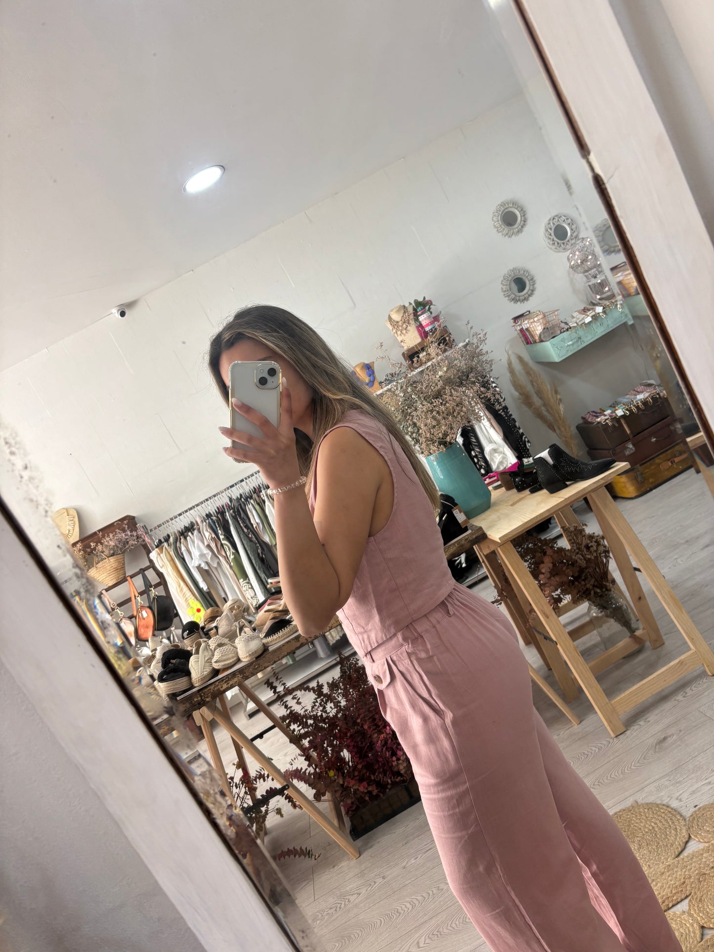 Conjunto Colete e calças rosa em linho