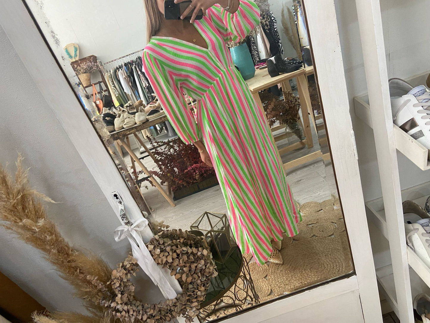Vestido algodão riscas verde/rosa