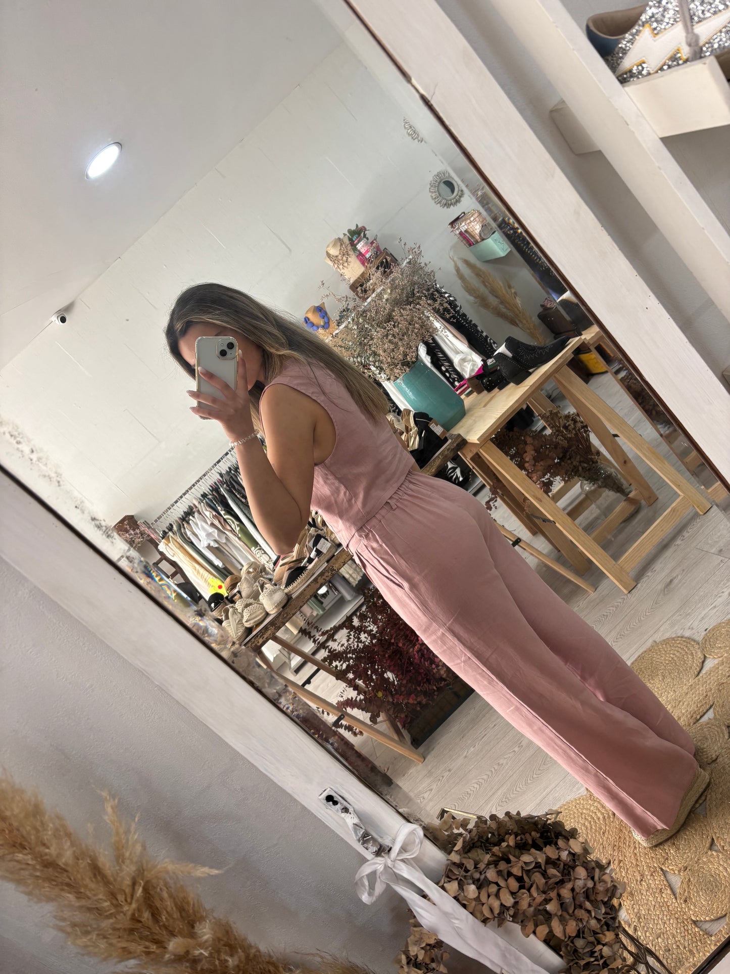 Conjunto Colete e calças rosa em linho