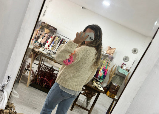 Camisola malha bege flores coloridas