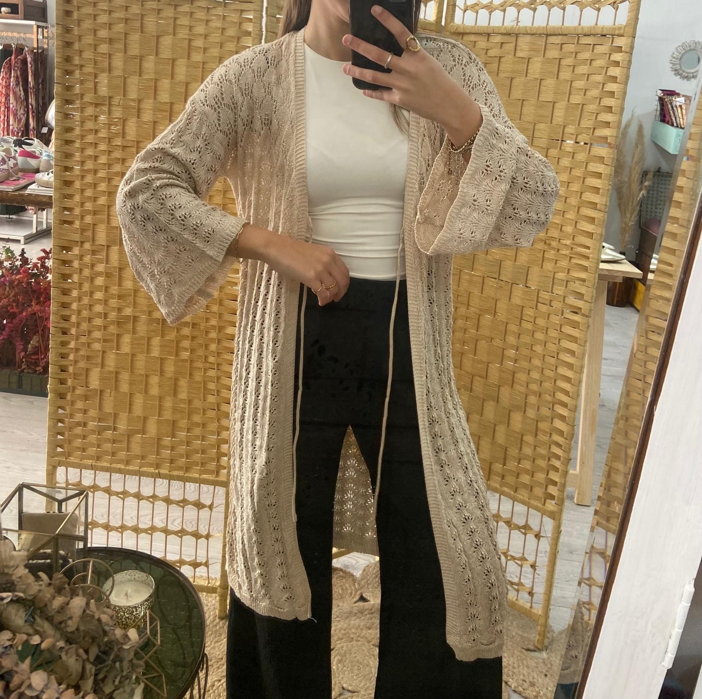 Beige lurex midi crochet kimono with TS.Bengala tie