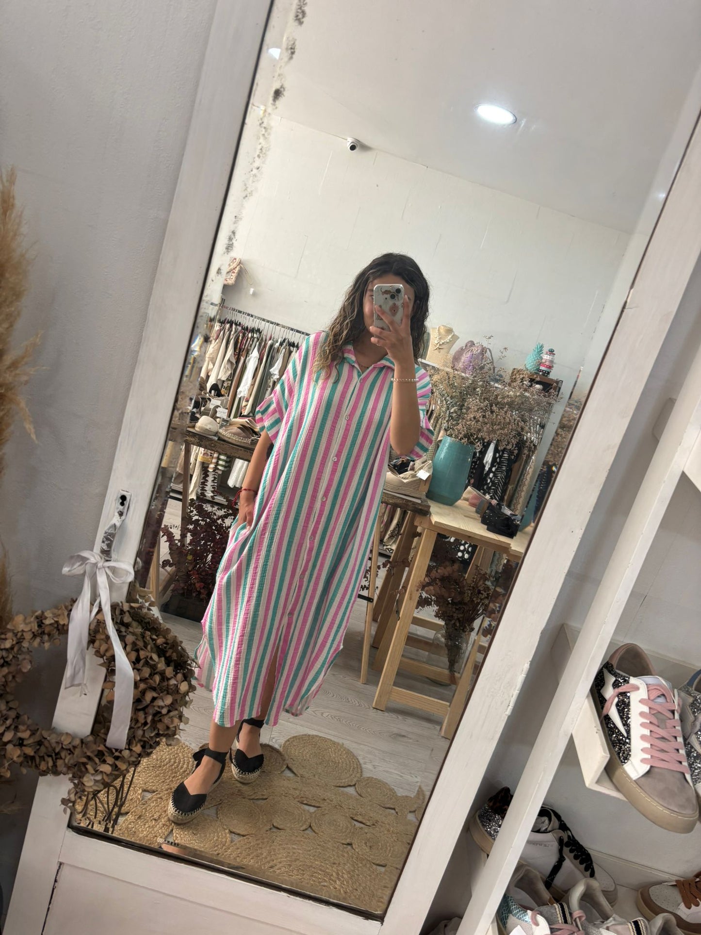 Vestido/Kaftan riscas verde/rosa