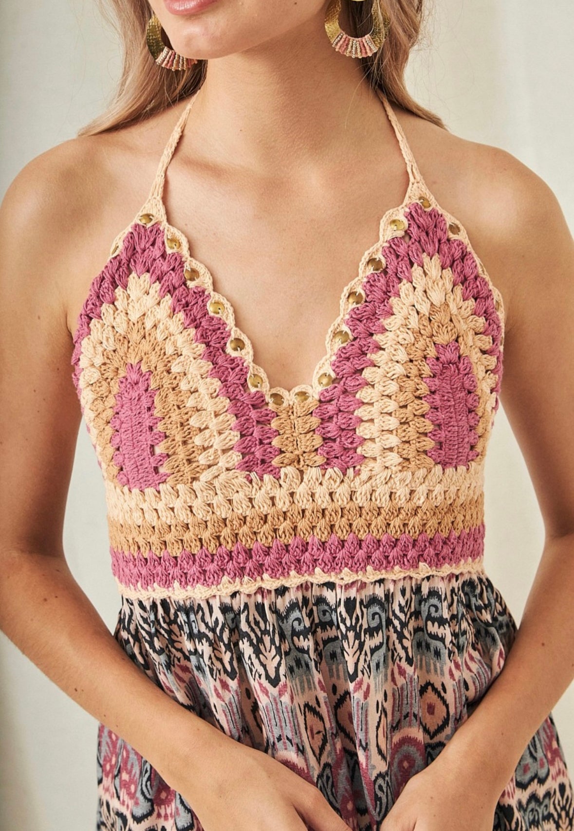 Top estampado étnico e crochê CS.Hetri