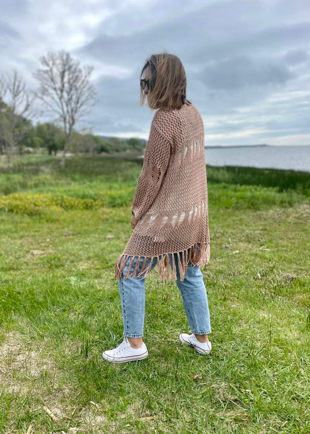 Old pink crochet coat with fringes TS.ramen