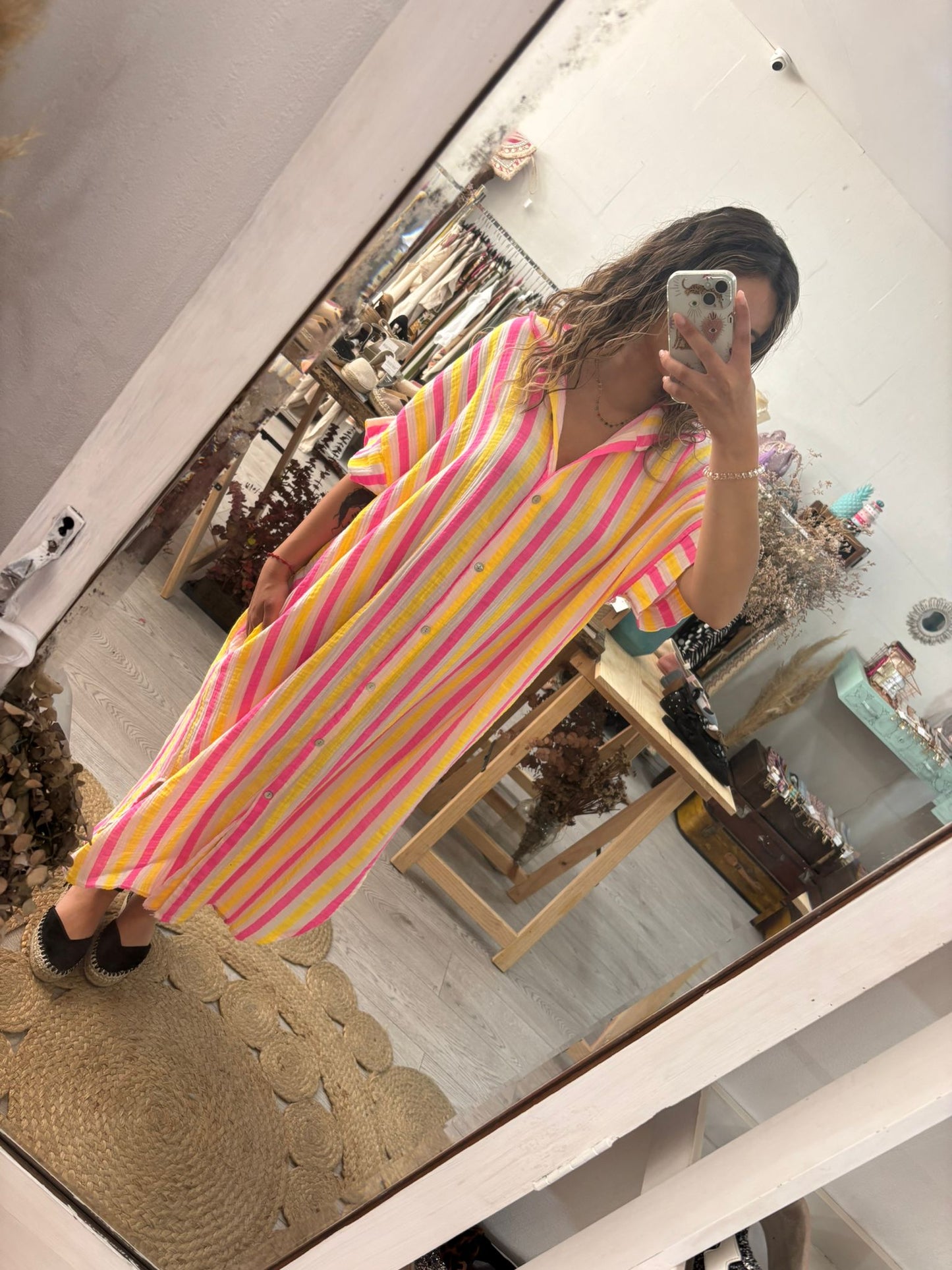 Vestido/Kaftan riscas verde/rosa